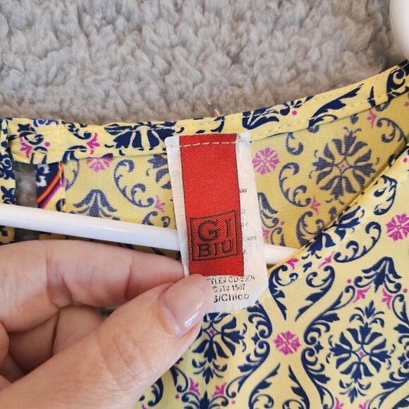 GiBiu Mini Dress Above Knee Yellow Blue Pink Sz Small Damask Style Pattern - Picture 2 of 9